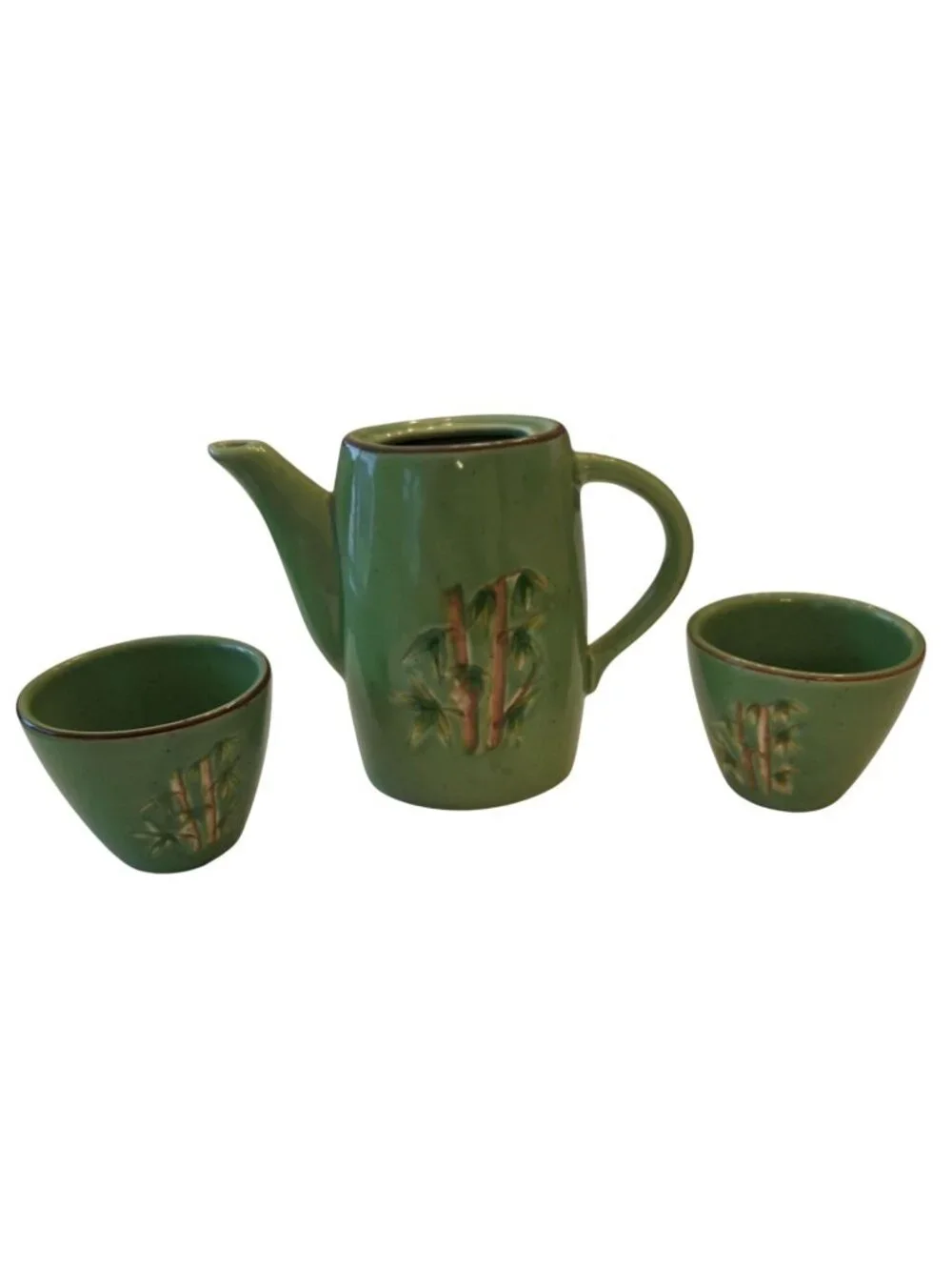 World Market Bamboo Tea Set Green Ceramic Teapot & 2 Cups Asian Zen Decor